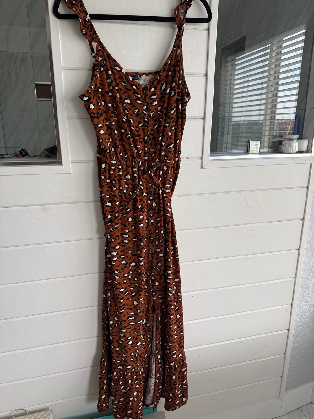 Women's Brown Leopard Print Maxi Dress with Tie Waist